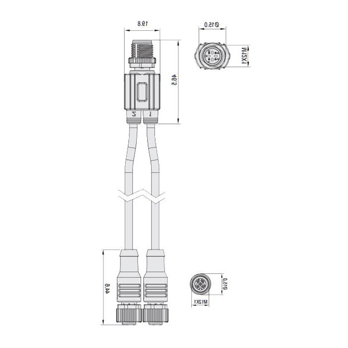 M12 4Pin Male /2M12 3Pin female Straight, IP 69K-ECOLAB, food grade, Y precast PUR flexible cable, black sheath, 64E401-XXX