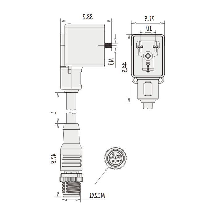 Valve plug Type B, DIN, 10mm, 3Pin/M12 male straight, double end precast PUR flexible cable, black sheath, 6VB041-XXX